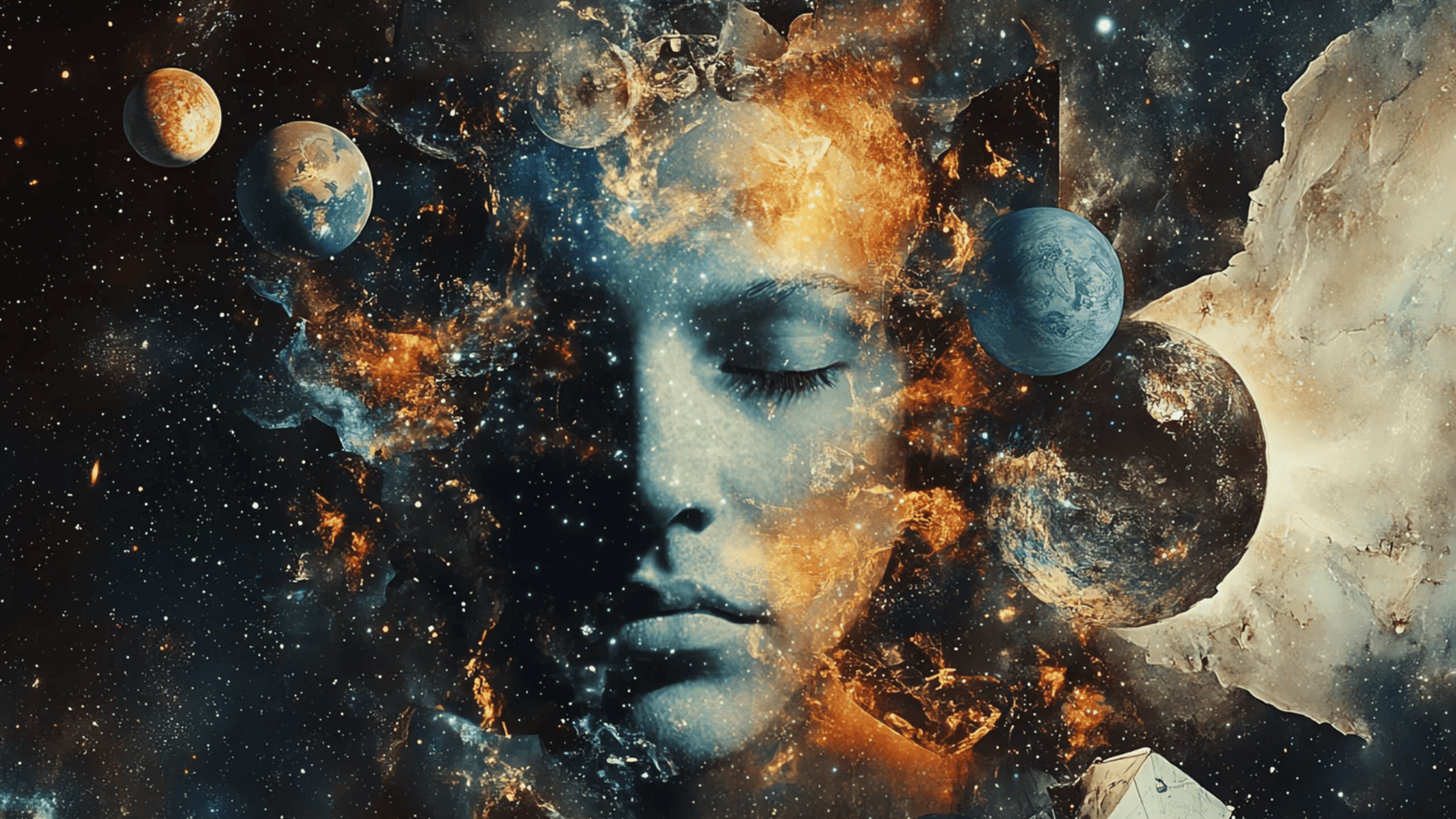 woman with eyes closed and rotating planets