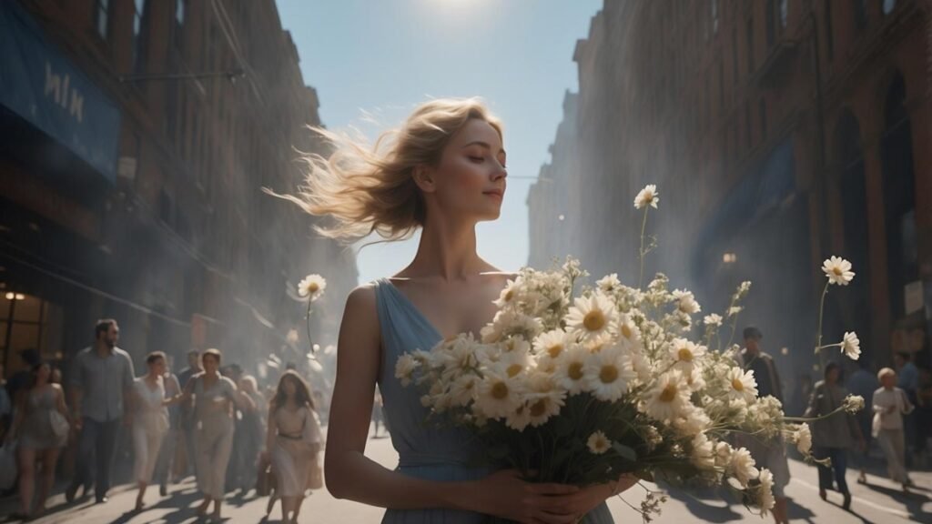 woman in city holding flowers